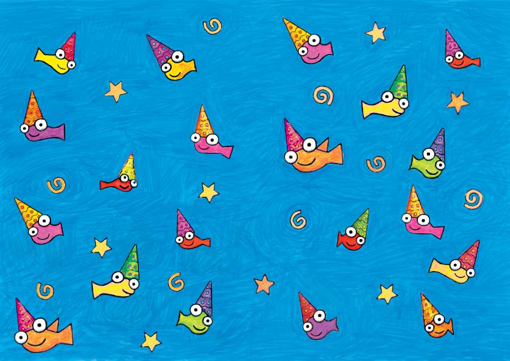 Birthday card drawings photograph. This fish know how to party. They have their party hats, and their party stars. They are just looking for the right venue! Invite them over, you'll have a blast.