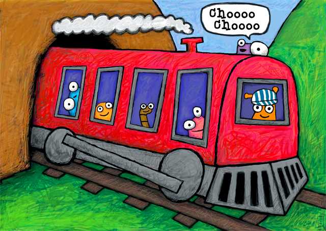 Bright colorful drawings photograph. Chooo choo chooo chooo chooo chooo! Here comes the big red monsters train! Train masters always wear little blue and white striped hats. Little do they know that there's a purple monster on TOP of the train.