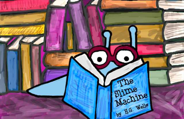 Bright colorful drawings photograph. Sluggo is reading one of his all-time favorite science fiction loves, The Slime Machine, by H. G. Wells.