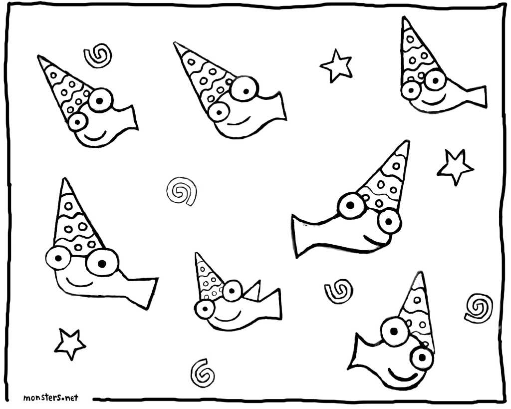 Coloring book drawings photograph. Fishies in the sea! The are celebrating a birthday. How many do you count?