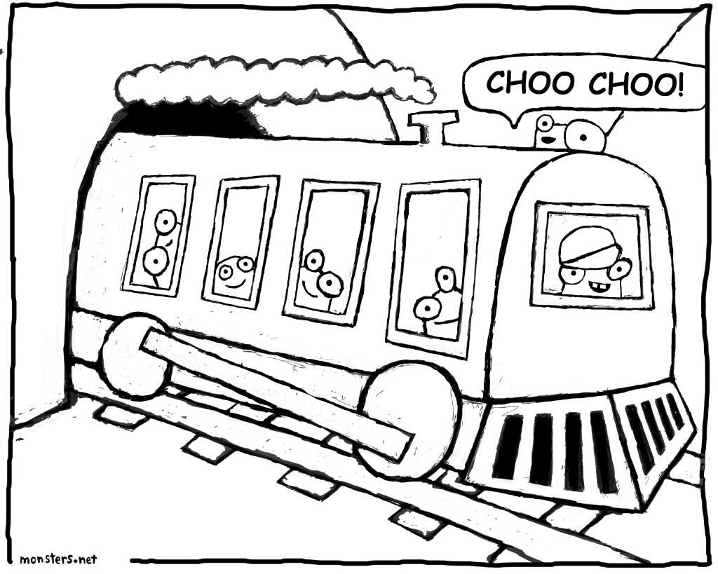 Coloring book drawings photograph. CHOO CHOO get out of the way here comes the monster train CHOO CHOO. Look, it has a cow-catcher.