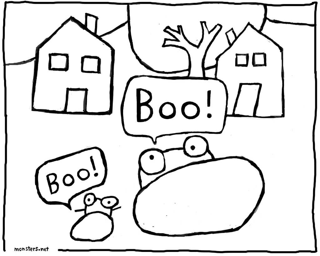Coloring book drawings photograph. Monsters are hiding behind some rocks. BOO!