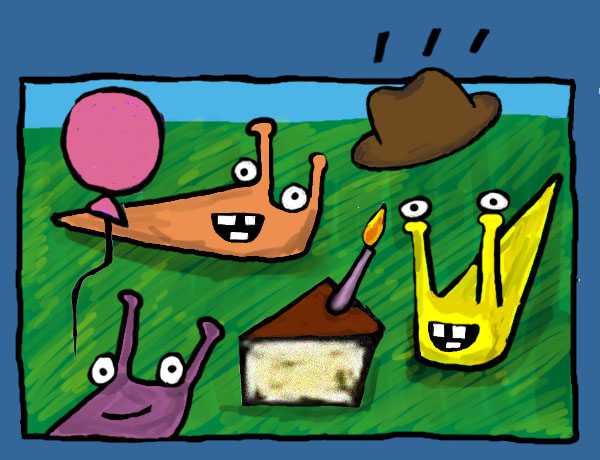 Sluggo the Slug and friends photograph. Slugs will throw a party at the drop of a hat. These guys are very festive and happy, and pretty soon they will be eating cake. Is anyone having a birthday?