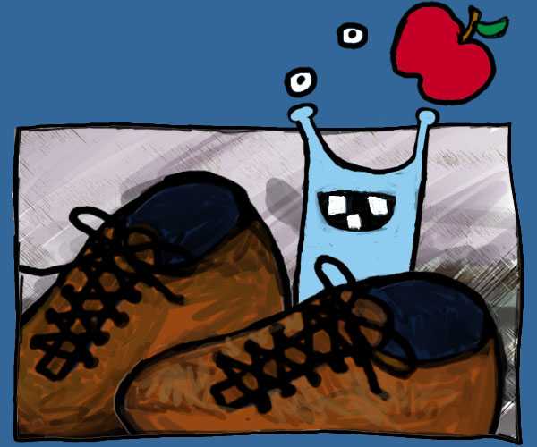 Sluggo the Slug and friends photograph. Sluggo juggles a couple of eyeballs and an apple. The shoes are part of his next trick.