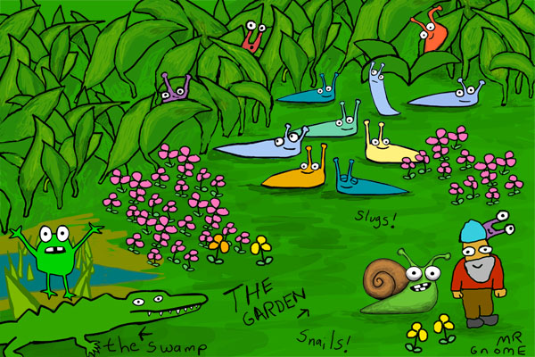 monsters and slugs live together in the garden, out by the water sprinklers