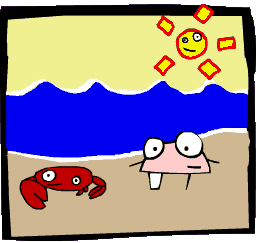beach and waves and fish and sunshine and a  little crab.