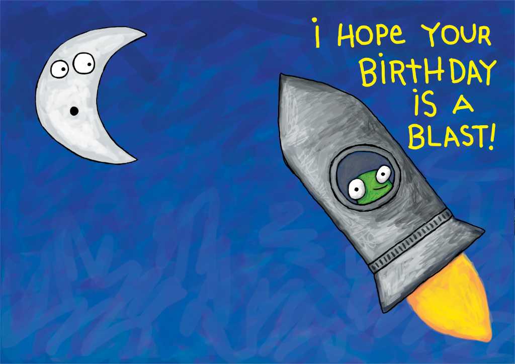 Birthday card drawings photograph. Happy little green monster flying off to the moon in his monster spaceship! I hope your birthday is a blast!