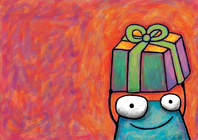 Birthday card drawings photograph. This turquoise monster is holding a bright blue-orange-purple gift overhead. Does he plan on tossing it? Or is he just holding it victoriously overhead? Only he knows!
