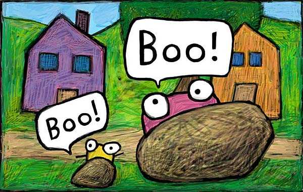 Bright colorful drawings photograph. Boo! BOOO! These monsters think you can't see them because they are hiding behind some rocks. They might need to find larger rocks.