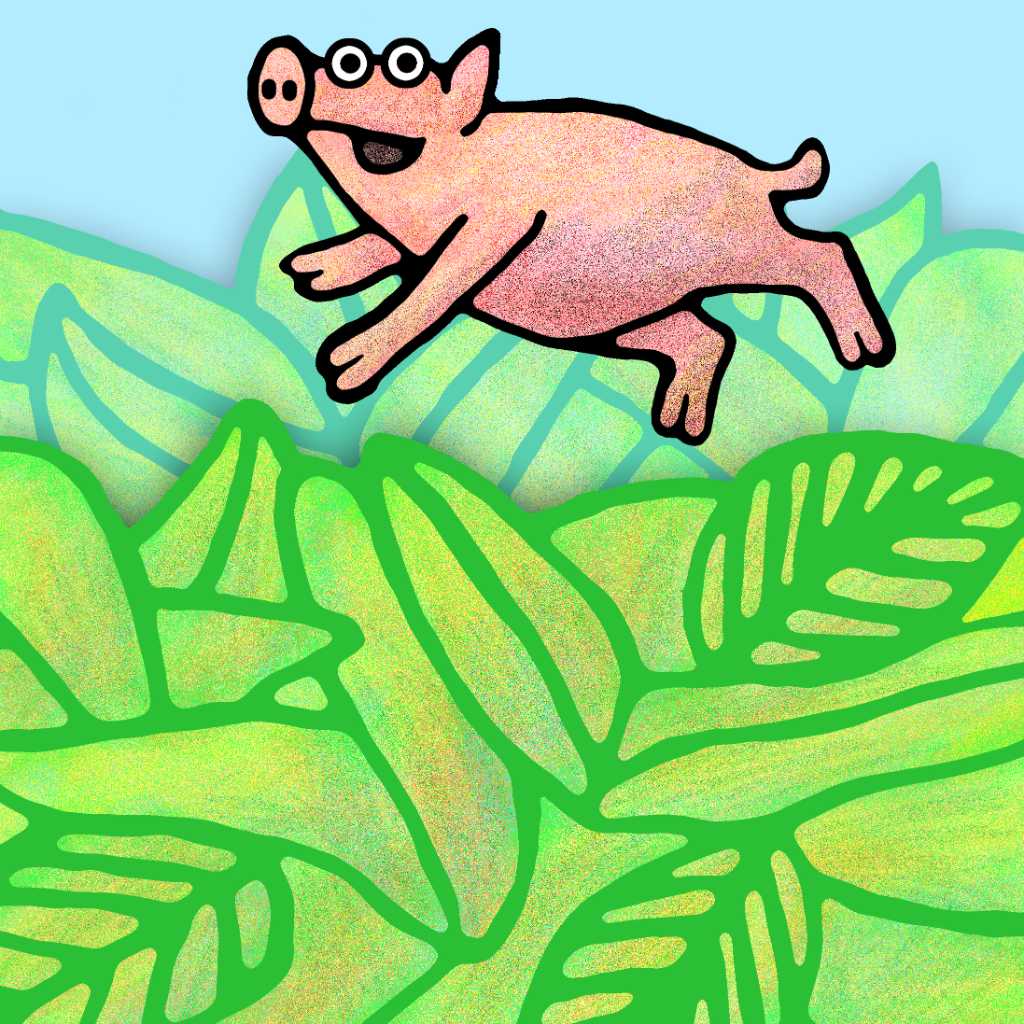 Sherman's Amazing Garden photograph. Perry the plump pink pig flew high over the garden! From the picture book <a href='/birthday-picture-book/'>Sherman's Amazing Garden</a>. Sherman the Snail, Perry the Pig, Chet the Cheeky Turtle, and Smuckles the Slug have a fabulous time in the <a href='/garden/'>garden</a>! There's a surprise at the end.
